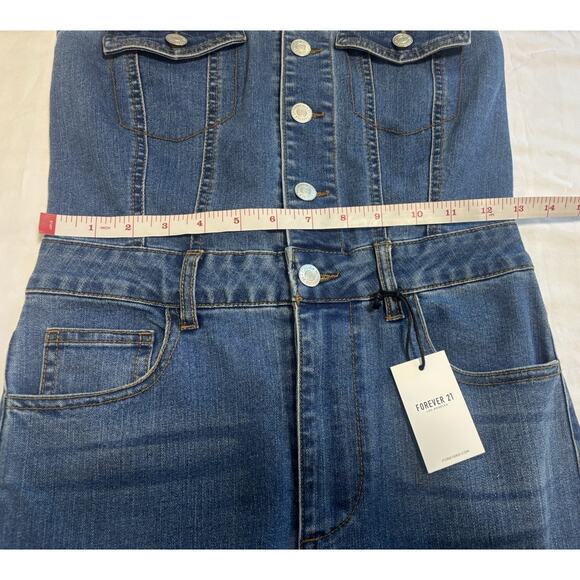 Forever 21 Women’s Strapless Denim Jumpsuit Size Small Flare Leg Romper Western - Picture 7 of 8